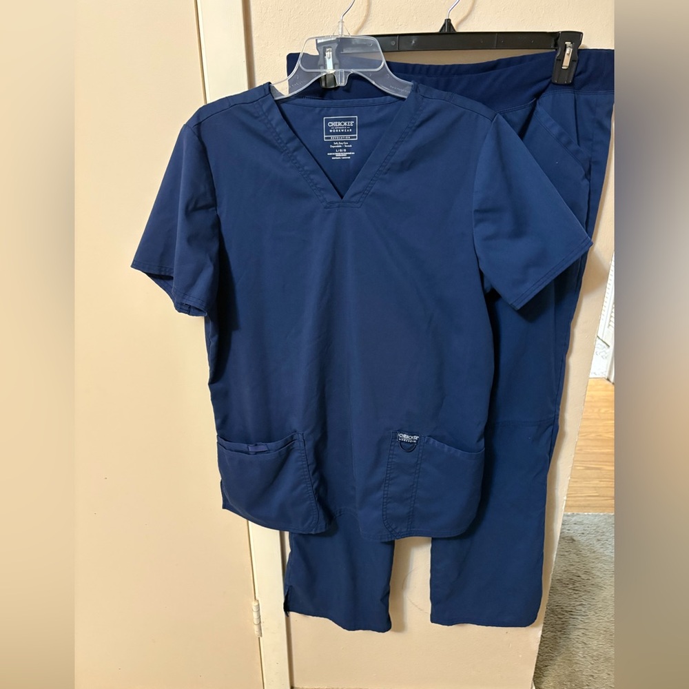 Cherokee workwear Revolution Navy Scrub Set Top Pants Nursing Sz L